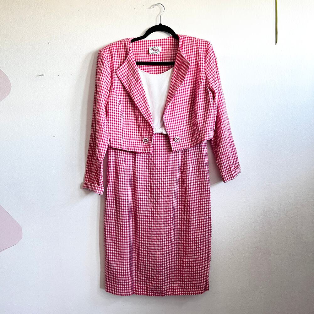 Vintage 80s Pink Gingham Dress 2 Pc Set Retro Cottagecore Prairie Large